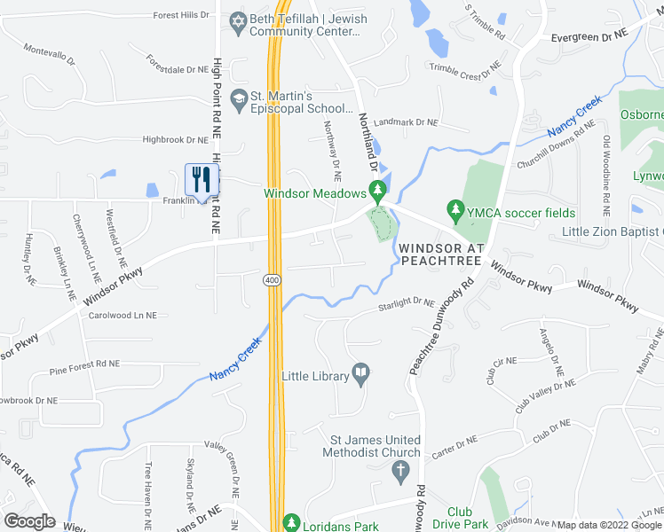 map of restaurants, bars, coffee shops, grocery stores, and more near E Powderhorn Rd NE & Hitching Post Trail NE in Sandy Springs