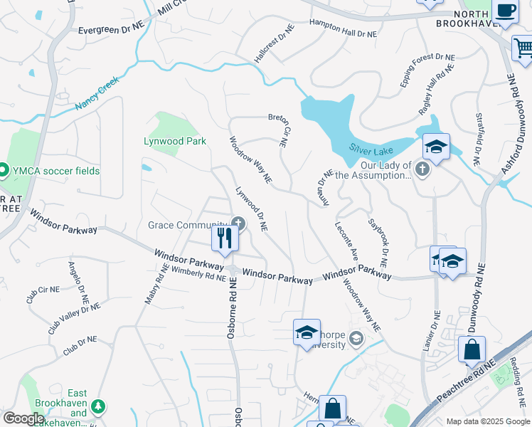 map of restaurants, bars, coffee shops, grocery stores, and more near 3207 Lynwood Drive Northeast in Atlanta