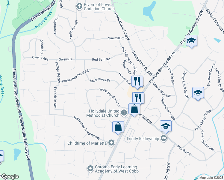 map of restaurants, bars, coffee shops, grocery stores, and more near 2880 Powder Horn Trail Southwest in Marietta