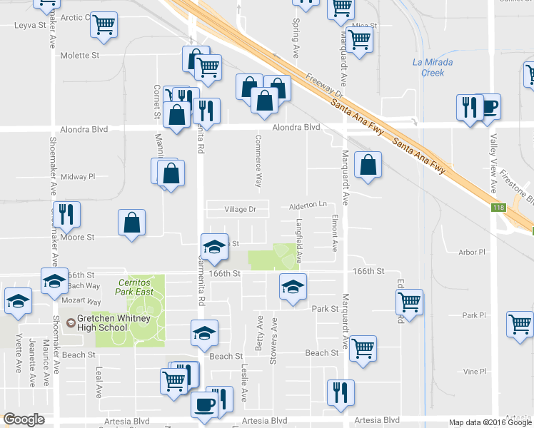 map of restaurants, bars, coffee shops, grocery stores, and more near 13548 Village Drive in Cerritos