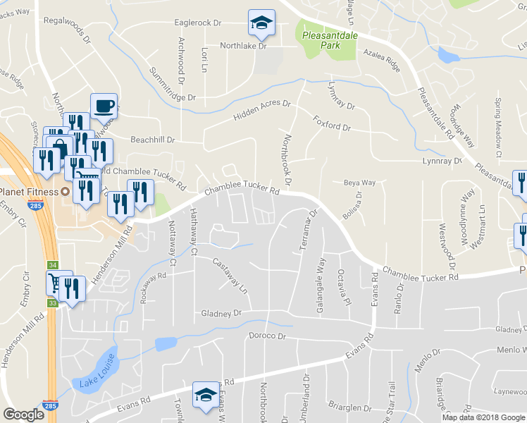 map of restaurants, bars, coffee shops, grocery stores, and more near 3850 Savannah Square West in Atlanta