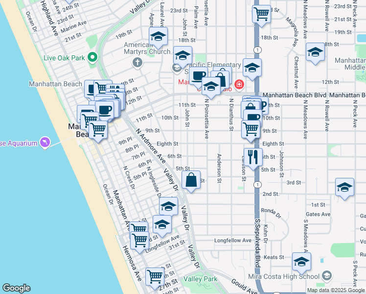 map of restaurants, bars, coffee shops, grocery stores, and more near 818 Eighth Street in Manhattan Beach