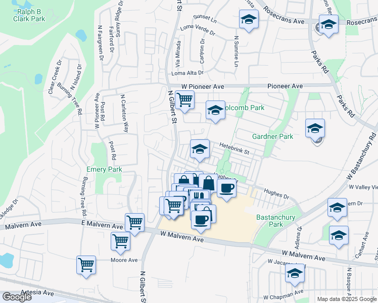 map of restaurants, bars, coffee shops, grocery stores, and more near 1249 Olson Drive in Fullerton