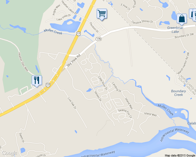 map of restaurants, bars, coffee shops, grocery stores, and more near 2104 Adams Circle in Little River