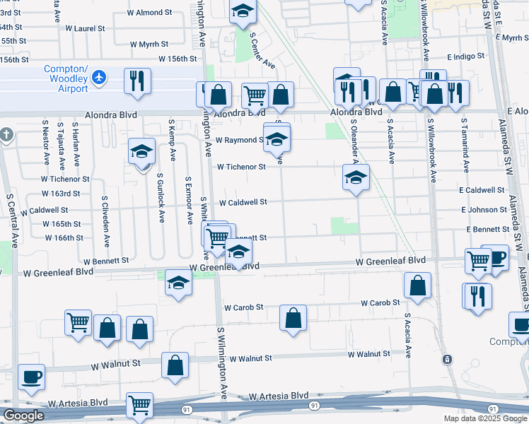 map of restaurants, bars, coffee shops, grocery stores, and more near 1307 South Center Avenue in Compton