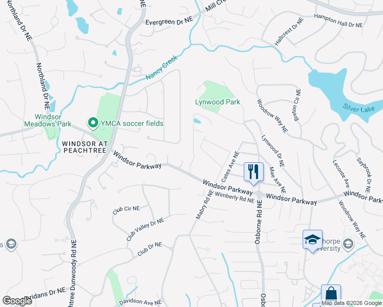 map of restaurants, bars, coffee shops, grocery stores, and more near 3176 Windsor Lake Drive Northeast in Atlanta