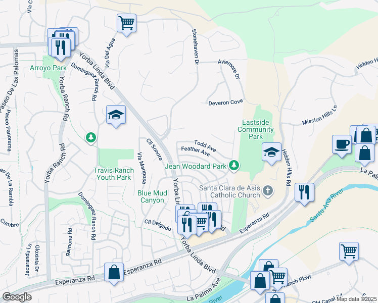 map of restaurants, bars, coffee shops, grocery stores, and more near 21730 Feather Avenue in Yorba Linda