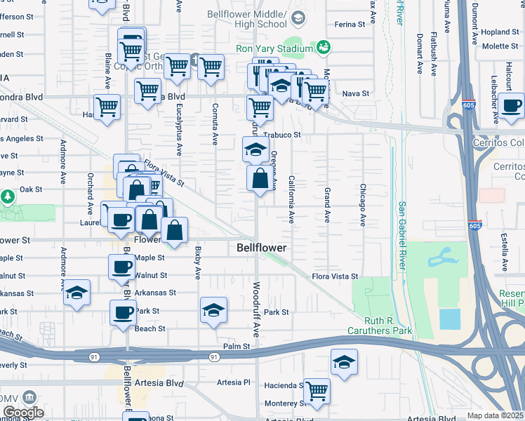 map of restaurants, bars, coffee shops, grocery stores, and more near 16459 Woodruff Avenue in Bellflower