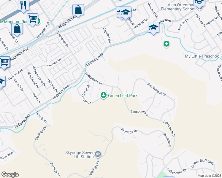 map of restaurants, bars, coffee shops, grocery stores, and more near 12023 East Sun Canyon Street in Riverside
