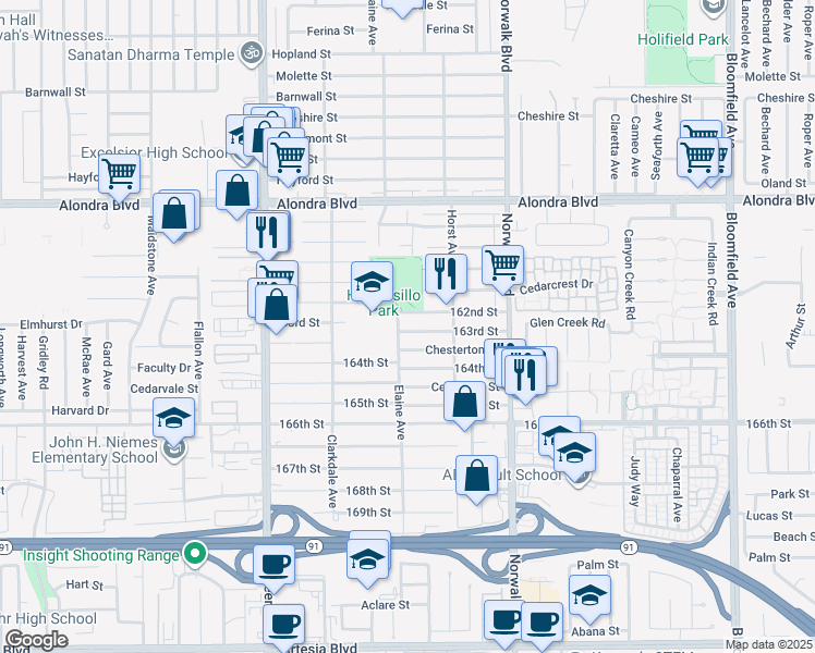 map of restaurants, bars, coffee shops, grocery stores, and more near 12007 163rd Street in Norwalk