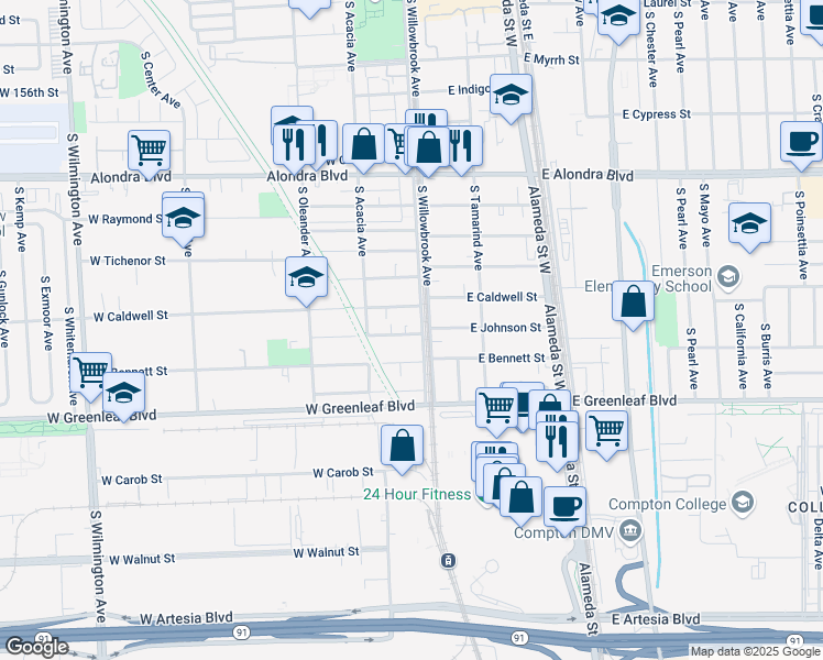 map of restaurants, bars, coffee shops, grocery stores, and more near 109 West Johnson Street in Compton