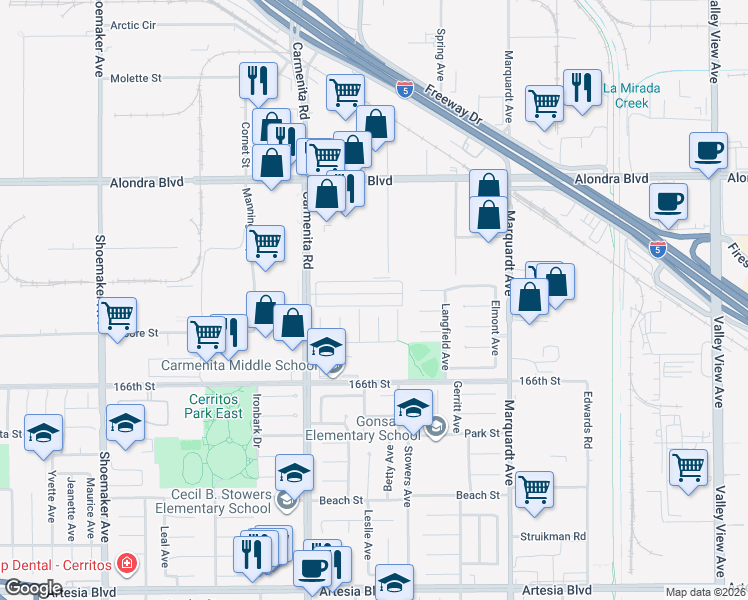 map of restaurants, bars, coffee shops, grocery stores, and more near 13502 1/2 Village Drive in Cerritos