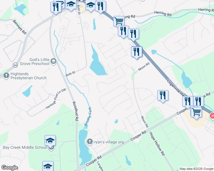 map of restaurants, bars, coffee shops, grocery stores, and more near 2650 Tyler Bay Lane in Grayson