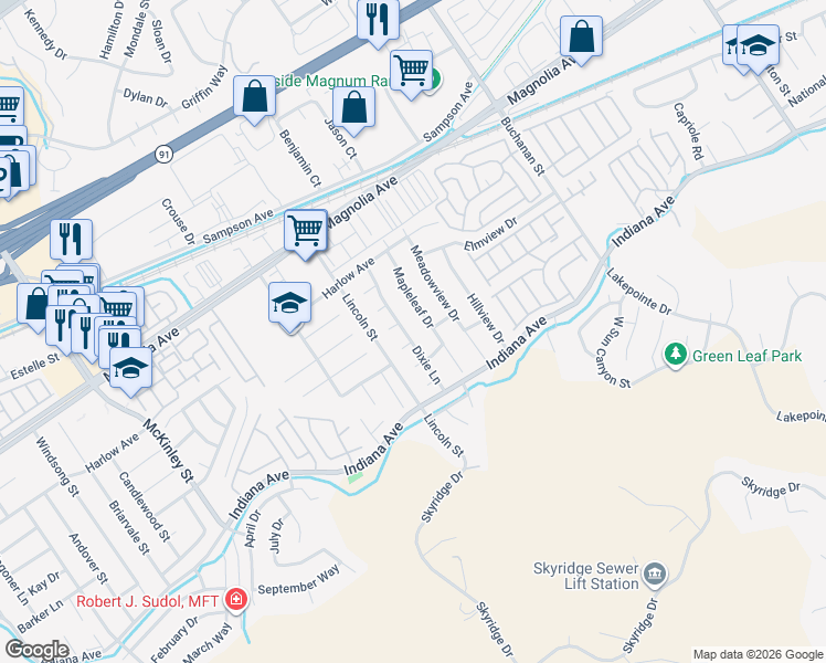 map of restaurants, bars, coffee shops, grocery stores, and more near 12670 Hollyglen Circle in Riverside