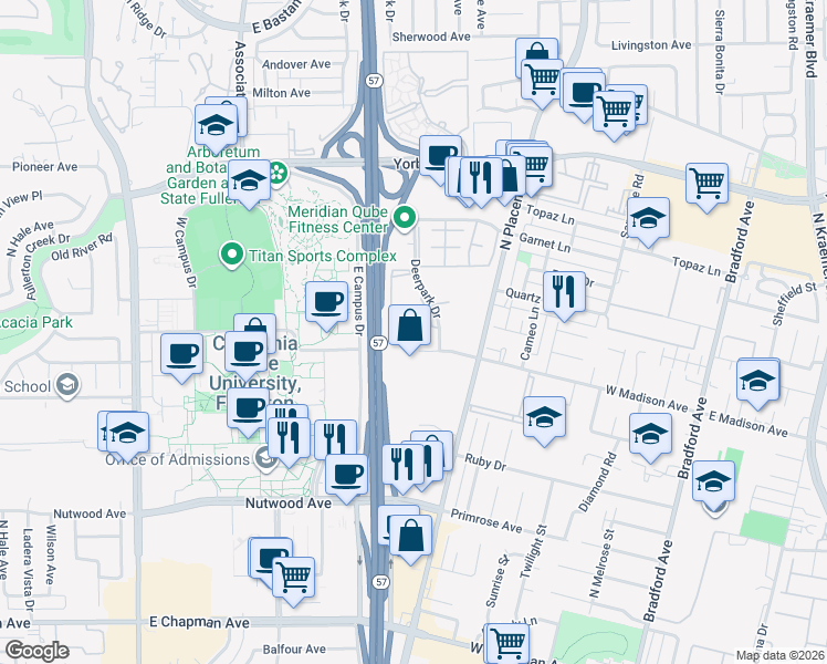 map of restaurants, bars, coffee shops, grocery stores, and more near 1255 Deerpark Drive in Fullerton