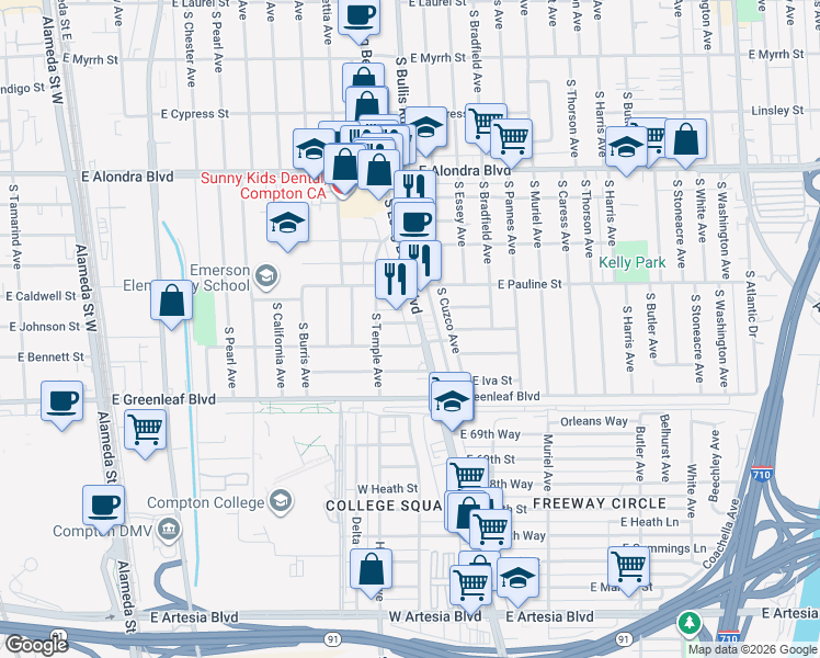 map of restaurants, bars, coffee shops, grocery stores, and more near 1360 East Schinner Street in Compton