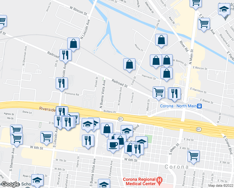 map of restaurants, bars, coffee shops, grocery stores, and more near 156 North Vicentia Avenue in Corona