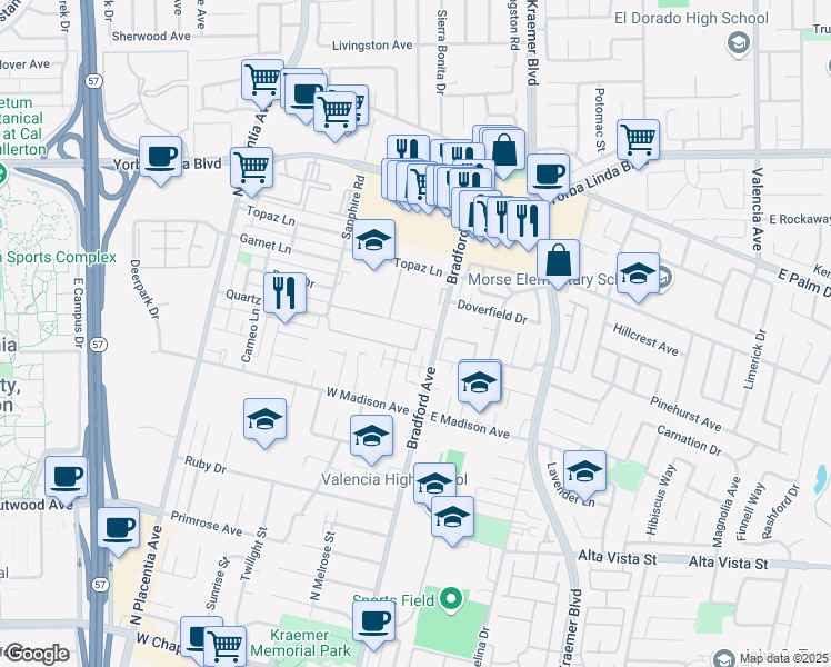 map of restaurants, bars, coffee shops, grocery stores, and more near 3330 Quartz Ln in Fullerton