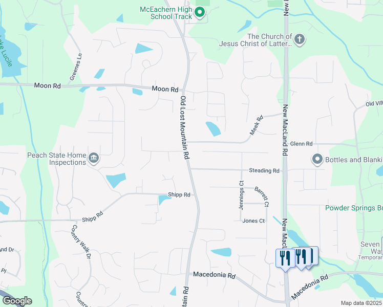 map of restaurants, bars, coffee shops, grocery stores, and more near 2881 Old Lost Mountain Road in Powder Springs
