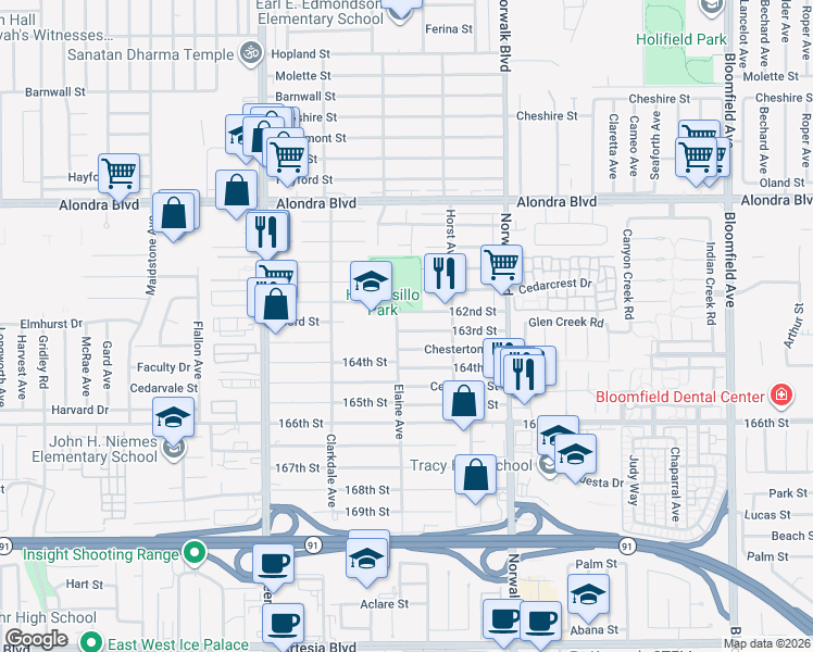 map of restaurants, bars, coffee shops, grocery stores, and more near 12007 163rd Street in Norwalk
