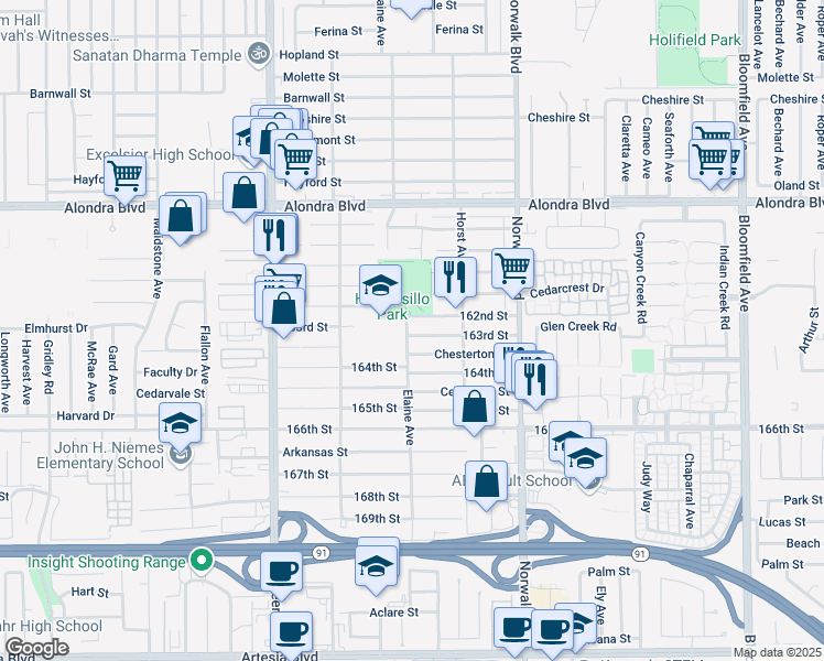 map of restaurants, bars, coffee shops, grocery stores, and more near 12005 163rd Street in Norwalk