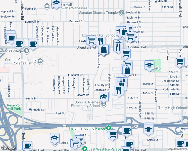 map of restaurants, bars, coffee shops, grocery stores, and more near 16305 Maidstone Ave in Norwalk