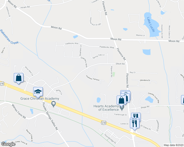 map of restaurants, bars, coffee shops, grocery stores, and more near 3212 Grandiflora Place in Powder Springs