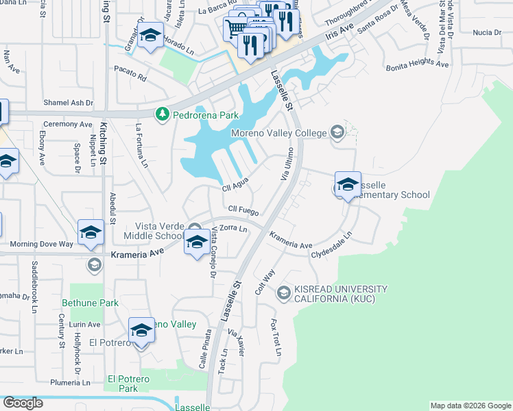 map of restaurants, bars, coffee shops, grocery stores, and more near 16322 Calle Serena in Moreno Valley