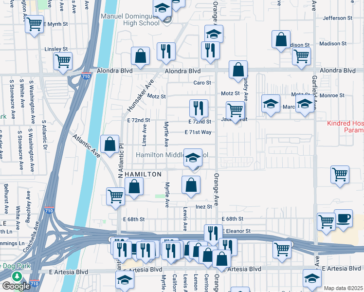 map of restaurants, bars, coffee shops, grocery stores, and more near 1022 East 71st Street in Long Beach