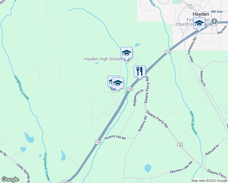 map of restaurants, bars, coffee shops, grocery stores, and more near 4111 Alabama 160 in Hayden
