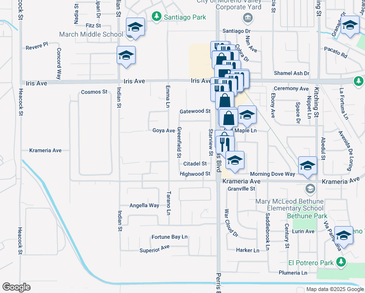 map of restaurants, bars, coffee shops, grocery stores, and more near 16302 Greenfield Street in Moreno Valley