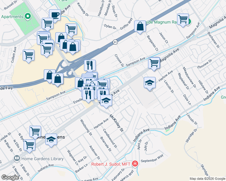 map of restaurants, bars, coffee shops, grocery stores, and more near in Home Gardens