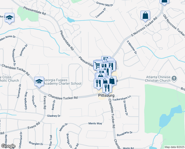 map of restaurants, bars, coffee shops, grocery stores, and more near 3212 Shadow Walk Lane in Tucker
