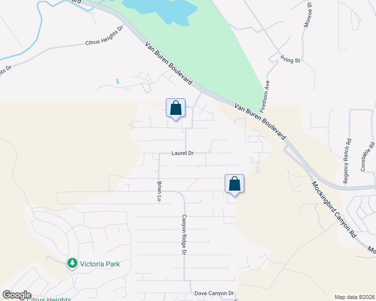 map of restaurants, bars, coffee shops, grocery stores, and more near 14272 Laurel Drive in Riverside