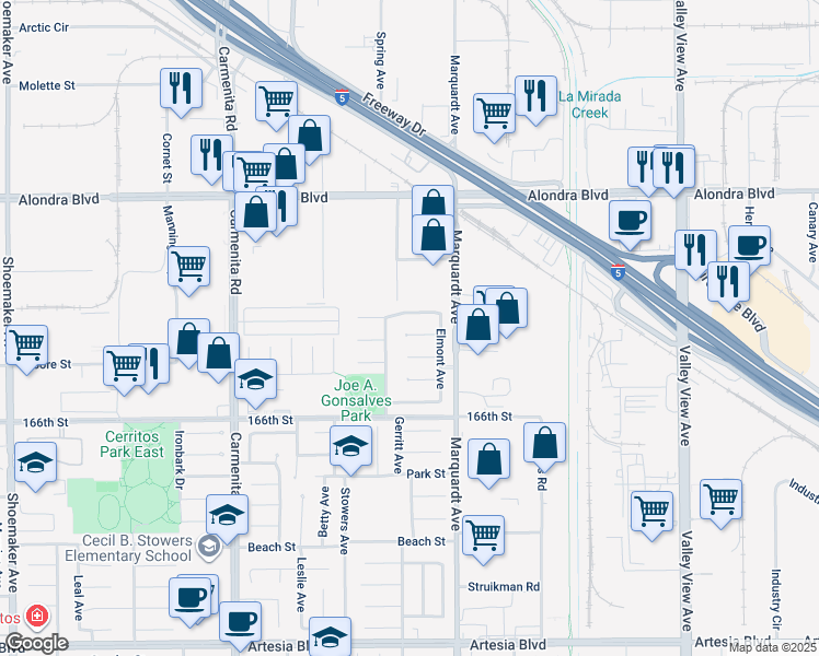 map of restaurants, bars, coffee shops, grocery stores, and more near 13711 Anthony Drive in Cerritos