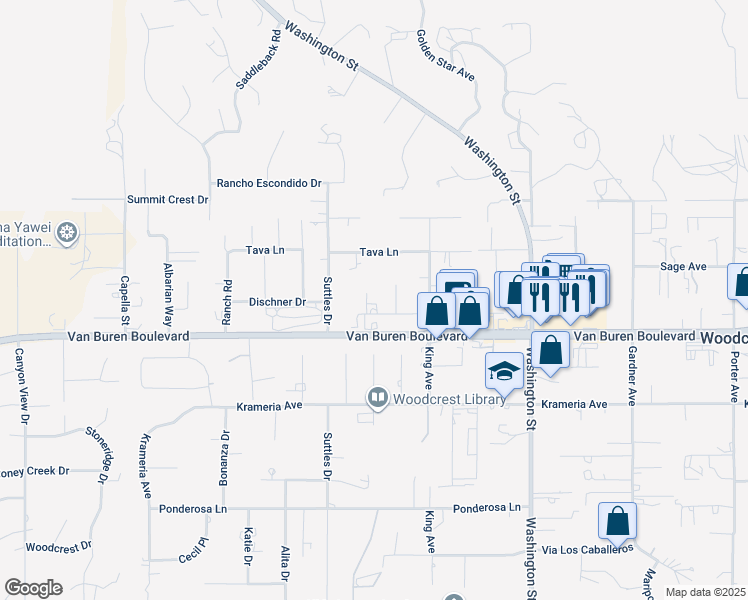 map of restaurants, bars, coffee shops, grocery stores, and more near 16630 Arabian Avenue in Riverside