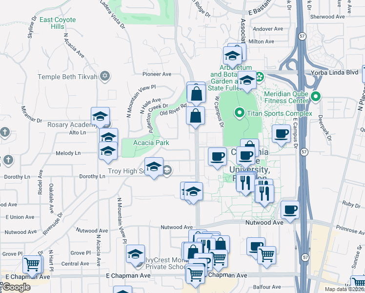 map of restaurants, bars, coffee shops, grocery stores, and more near 2307 Virginia Road in Fullerton