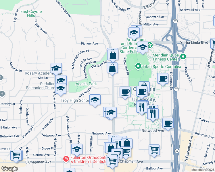 map of restaurants, bars, coffee shops, grocery stores, and more near 2307 Virginia Road in Fullerton
