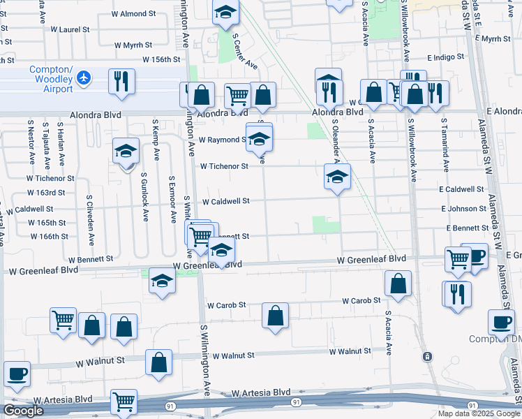 map of restaurants, bars, coffee shops, grocery stores, and more near 1307 South Center Avenue in Compton