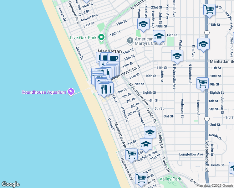 map of restaurants, bars, coffee shops, grocery stores, and more near 313 9th Street in Manhattan Beach