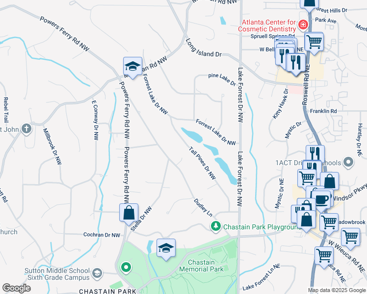 map of restaurants, bars, coffee shops, grocery stores, and more near 4708 Tall Pines Drive Northwest in Atlanta