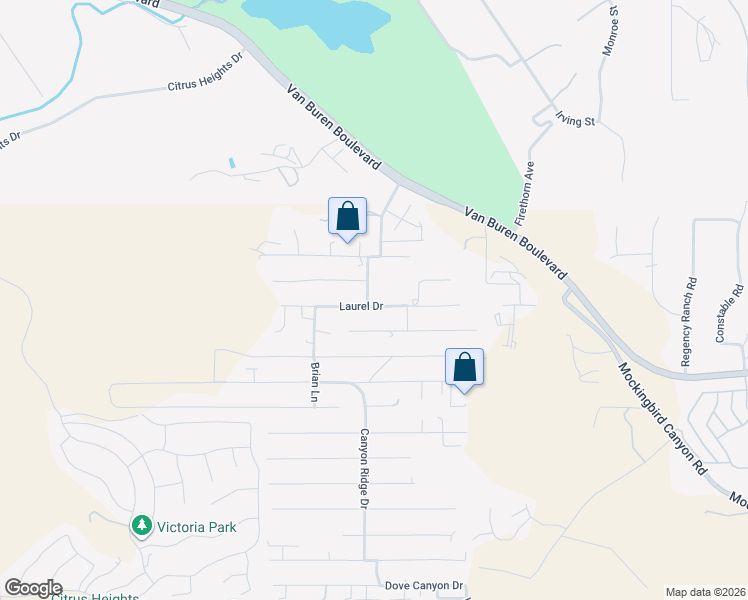 map of restaurants, bars, coffee shops, grocery stores, and more near 14272 Laurel Drive in Riverside