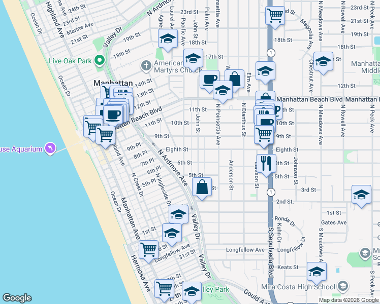 map of restaurants, bars, coffee shops, grocery stores, and more near 812 Eighth Street in Manhattan Beach