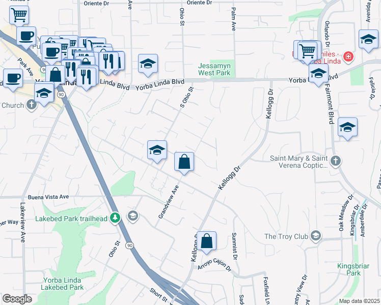map of restaurants, bars, coffee shops, grocery stores, and more near 5371 Grandview Avenue in Yorba Linda