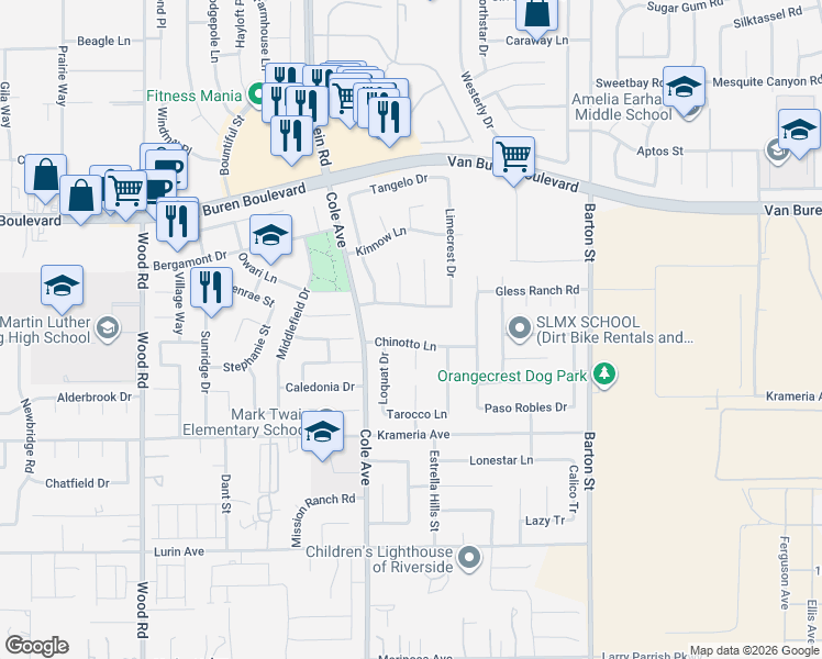 map of restaurants, bars, coffee shops, grocery stores, and more near 19580 Chinotto Lane in Riverside