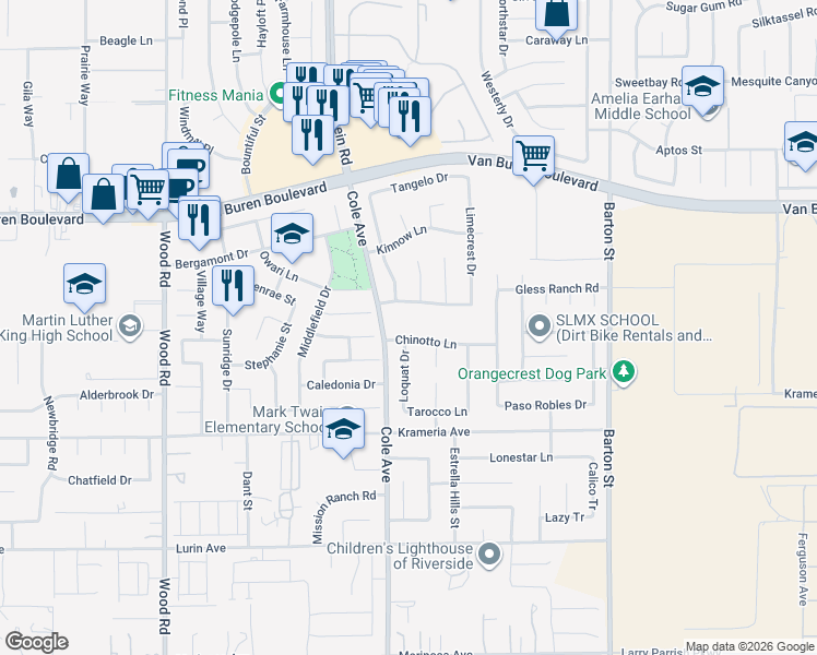 map of restaurants, bars, coffee shops, grocery stores, and more near 19500 Chinotto Lane in Riverside