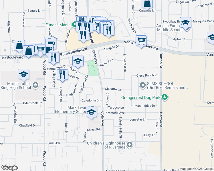 map of restaurants, bars, coffee shops, grocery stores, and more near 19510 Chinotto Lane in Riverside