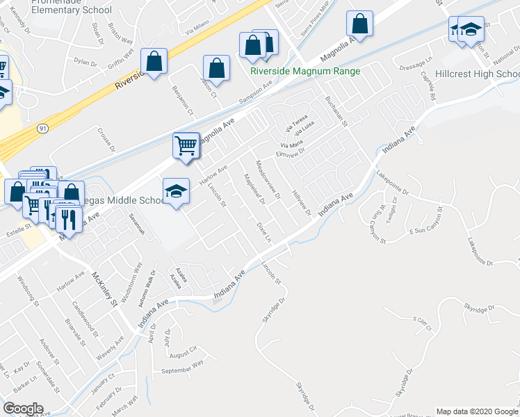 map of restaurants, bars, coffee shops, grocery stores, and more near 3546 Mapleleaf Drive in Riverside
