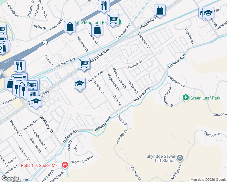map of restaurants, bars, coffee shops, grocery stores, and more near 12670 Hollyglen Circle in Riverside