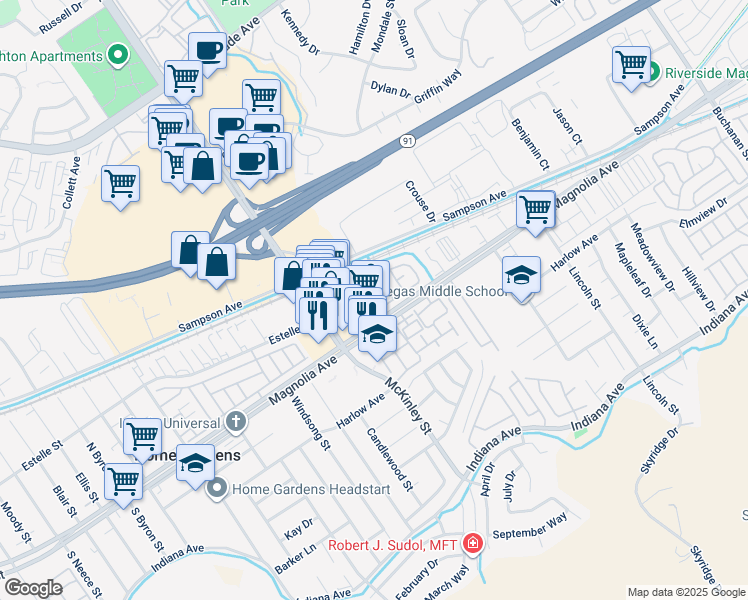 map of restaurants, bars, coffee shops, grocery stores, and more near 186 Breezewood Street in Corona
